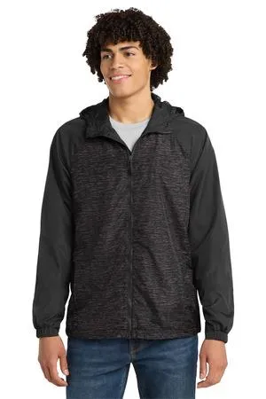 Sport-Tek Heather Colorblock Raglan Hooded Wind Jacket. JST40