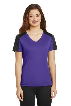 DISCONTINUED Sport-Tek Ladies PosiCharge Competitor Sleeve-Blocked V-Neck Tee. LST354
